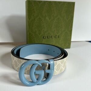 Authentic Gucci GG Marmont Sky Blue and Gray Belt with Iconic Buckle NWOT